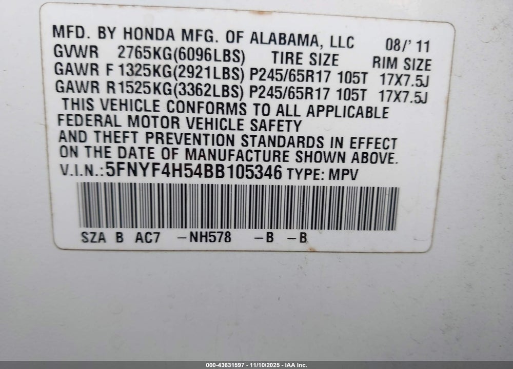 2011 HONDA PILOT EX-L VIN: 5FNYF4H54BB105346