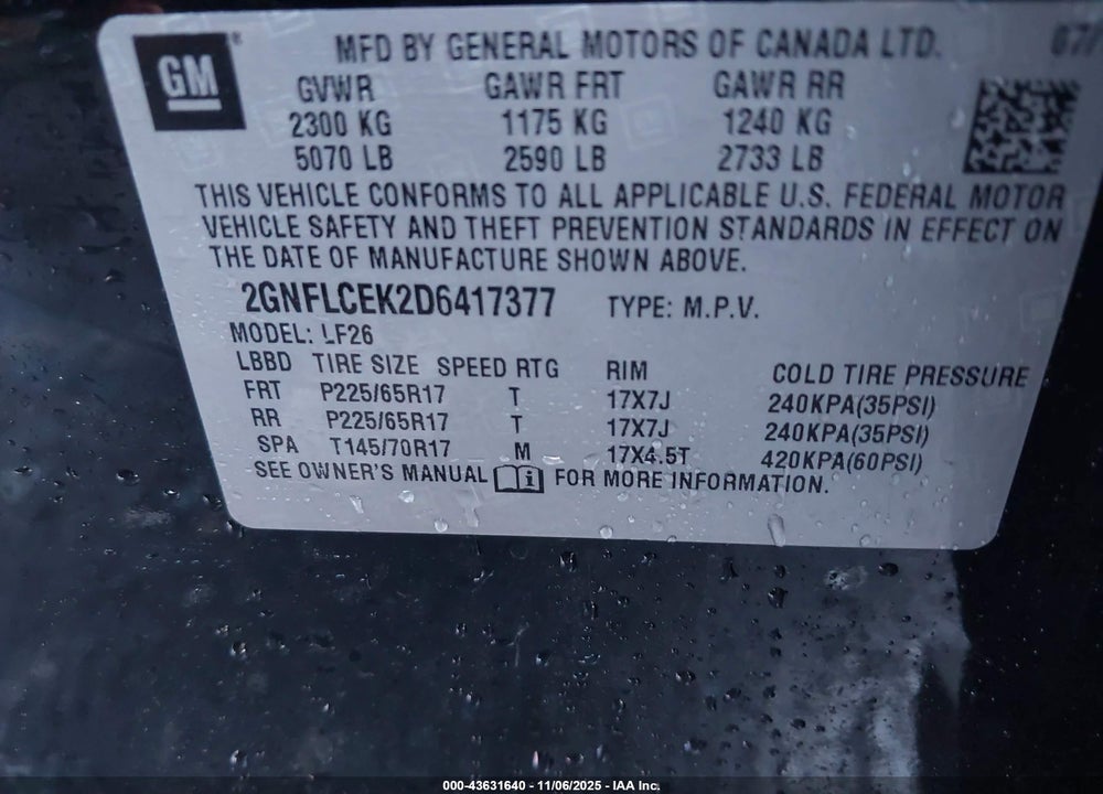 2013 CHEVROLET EQUINOX VIN: 2GNFLCEK2D6417377