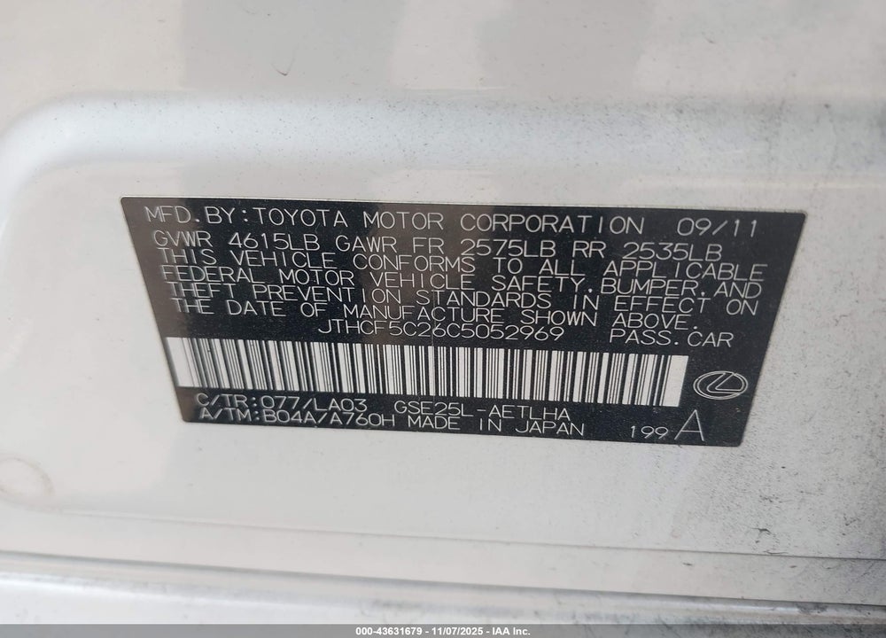 2012 LEXUS IS 250 VIN: JTHCF5C26C5052969