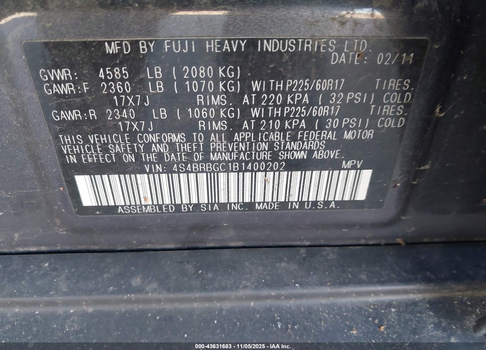 2011 SUBARU OUTBACK 2.5I PREMIUM VIN: 4S4BRBGC1B1400202