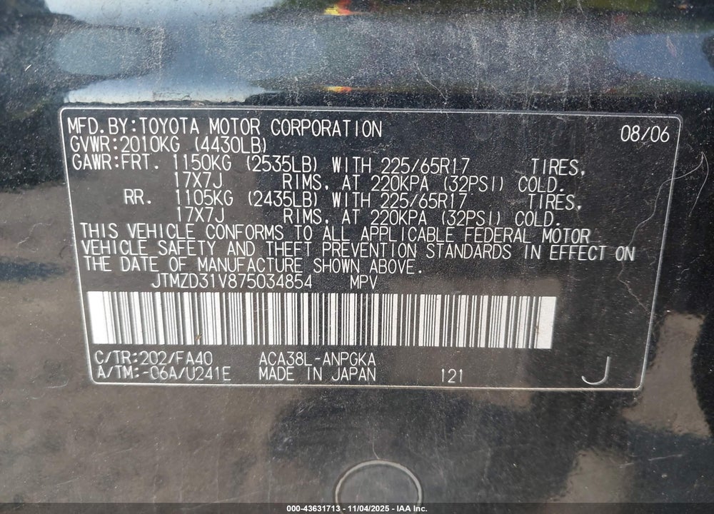 2007 TOYOTA RAV4 LIMITED VIN: JTMZD31V875034854