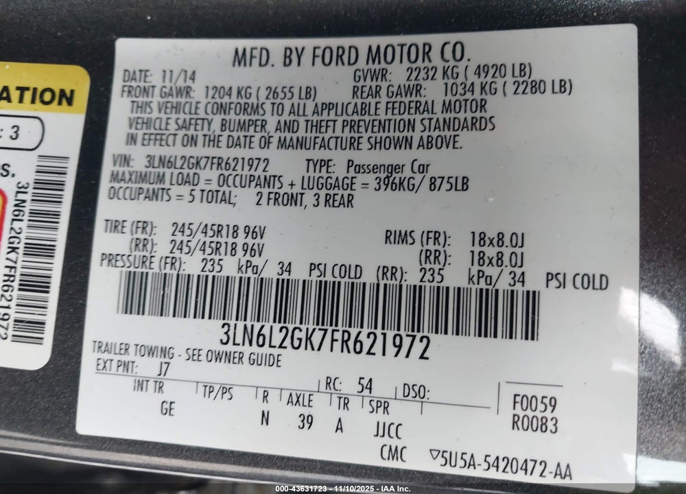 2015 LINCOLN MKZ VIN: 3LN6L2GK7FR621972