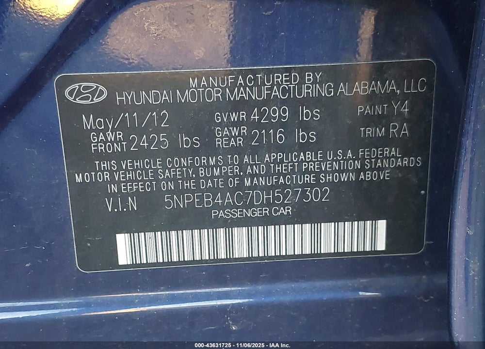 2013 HYUNDAI SONATA GLS VIN: 5NPEB4AC7DH527302