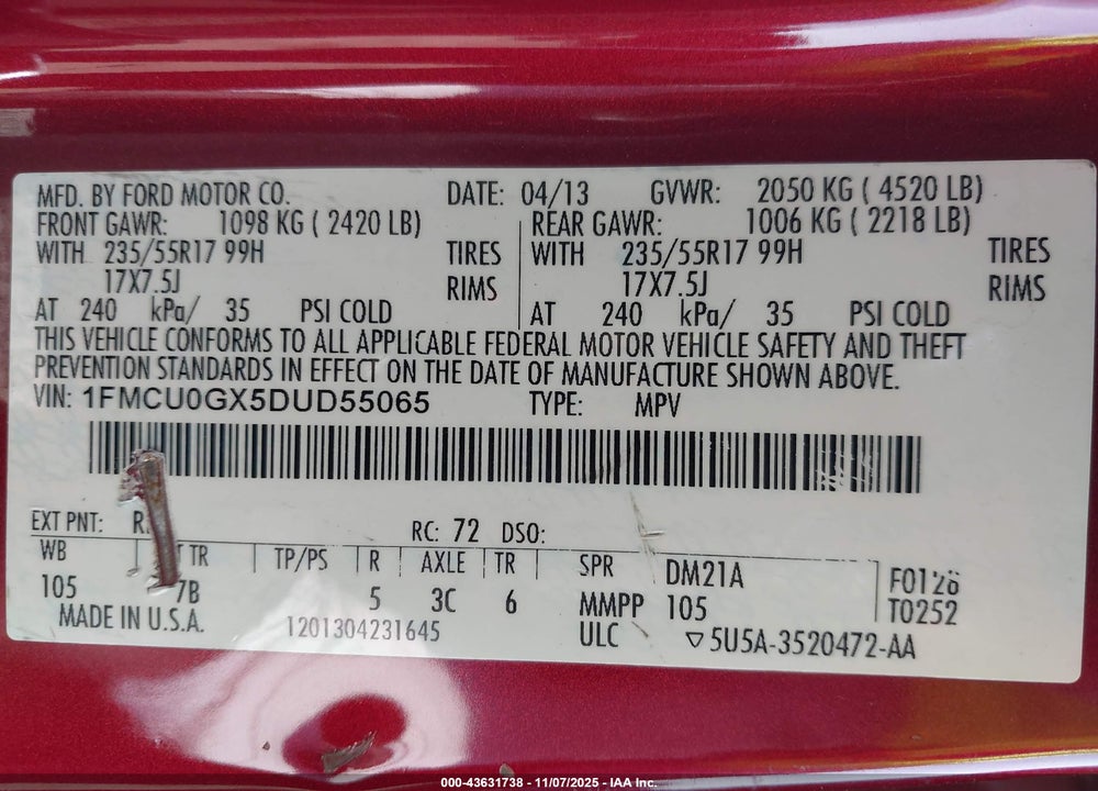 2013 FORD ESCAPE VIN: 1FMCU0GX5DUD55065