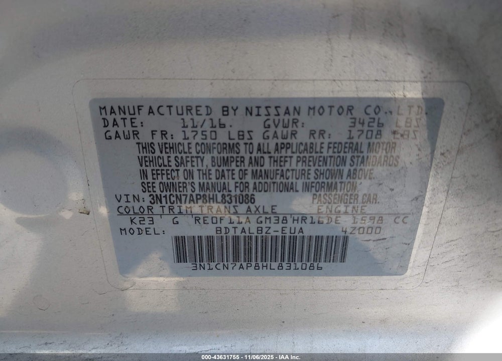 2017 NISSAN VERSA VIN: 3N1CN7AP8HL831086