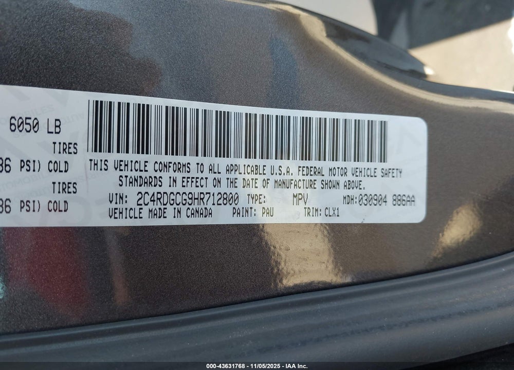 2017 DODGE GRAND CARAVAN SXT VIN: 2C4RDGCG9HR712800
