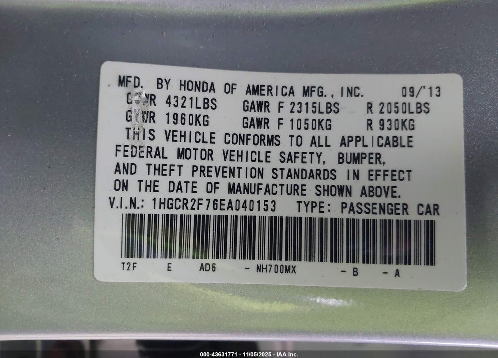 2014 HONDA ACCORD EX VIN: 1HGCR2F76EA040153