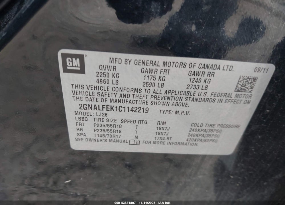 2012 CHEVROLET EQUINOX LTZ VIN: 2GNALFEK1C1142219