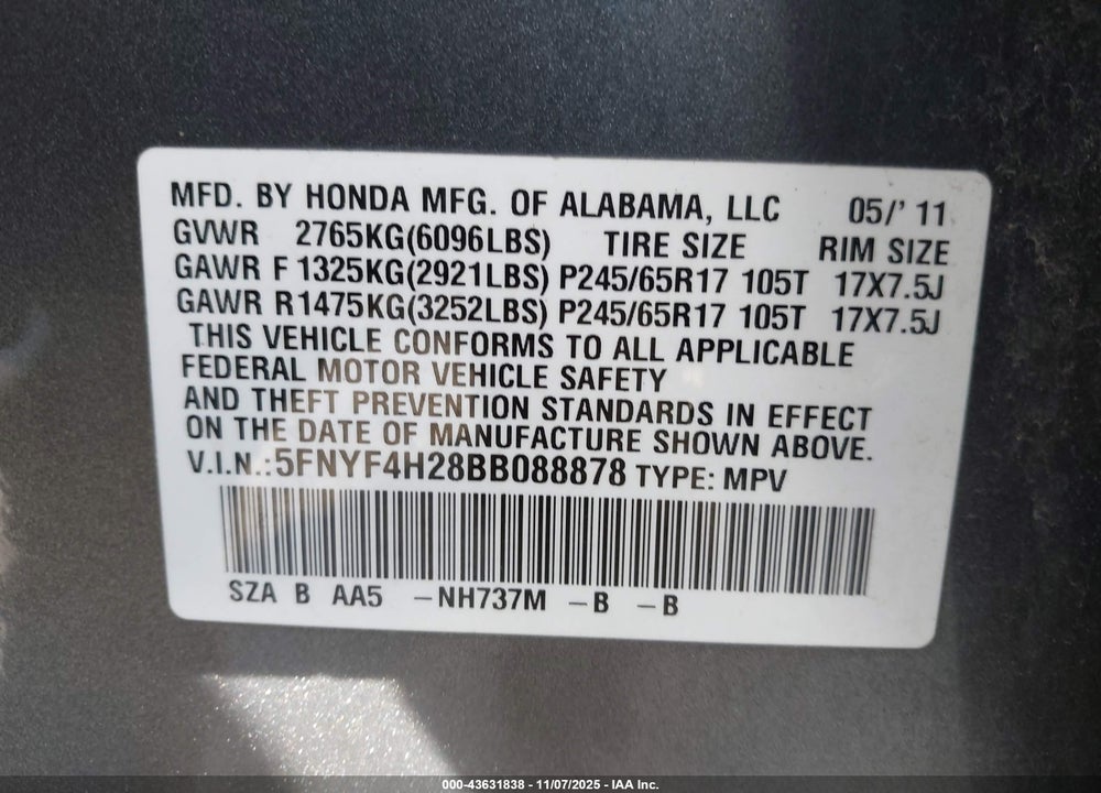 2011 HONDA PILOT LX VIN: 5FNYF4H28BB088878