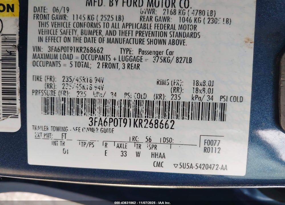 2019 FORD FUSION VIN: 3FA6P0T91KR268662