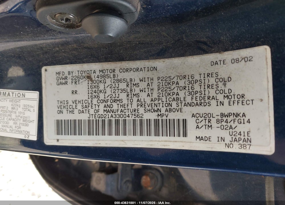 2003 TOYOTA HIGHLANDER VIN: JTEGD21A330047562