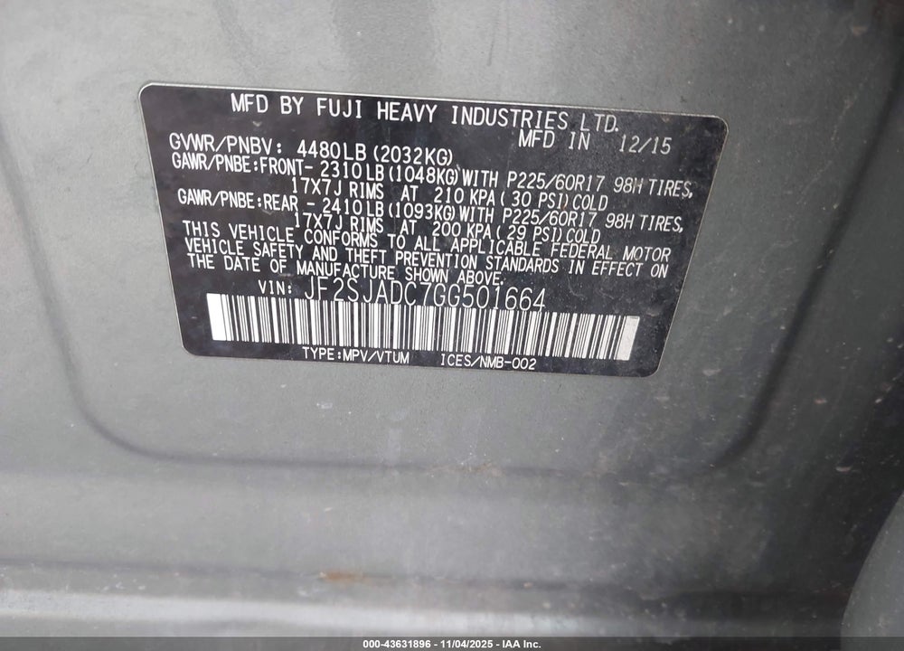 2016 SUBARU FORESTER VIN: JF2SJADC7GG501664