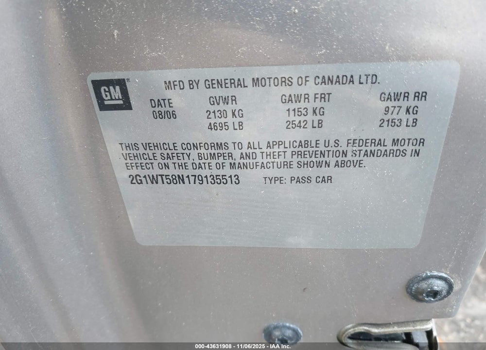 2007 CHEVROLET IMPALA LT VIN: 2G1WT58N179135513