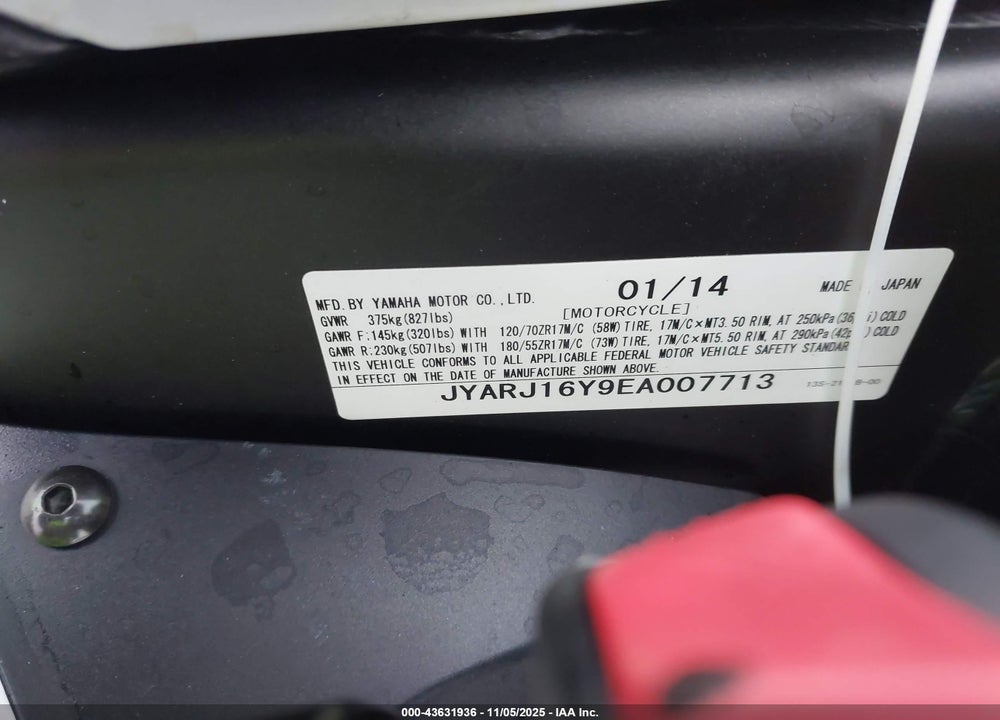 2014 YAMAHA YZFR6 C VIN: JYARJ16Y9EA007713