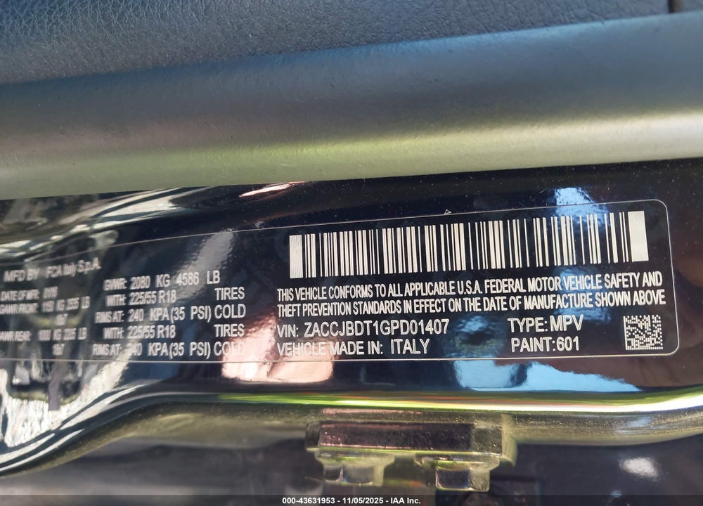2016 JEEP RENEGADE LIMITED VIN: ZACCJBDT1GPD01407