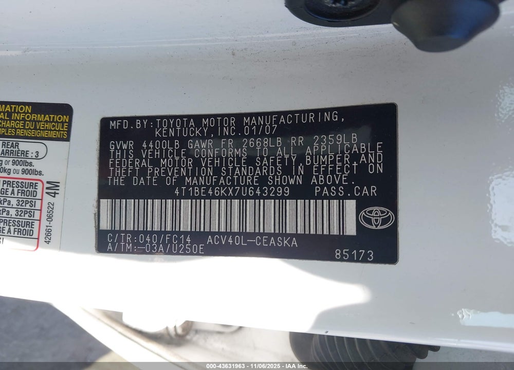 2007 TOYOTA CAMRY SE VIN: 4T1BE46KX7U643299