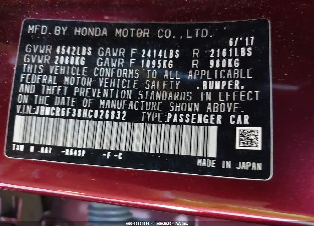 2017 HONDA ACCORD HYBRID VIN: JHMCR6F38HC026832