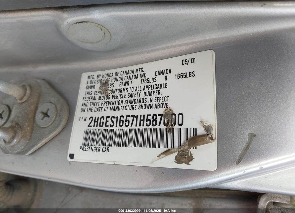 2001 HONDA CIVIC LX VIN: 2HGES16571H587000
