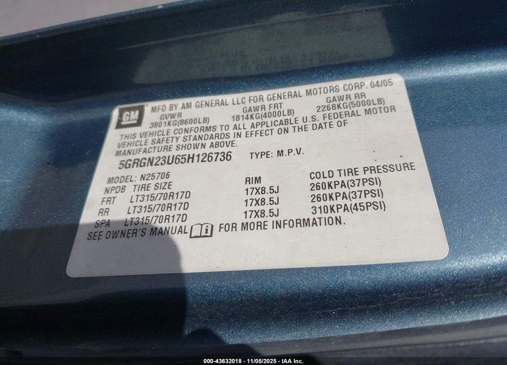 2005 HUMMER H2 SUV VIN: 5GRGN23U65H126736