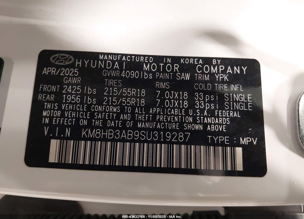 2025 HYUNDAI KONA VIN: KM8HB3AB9SU319287