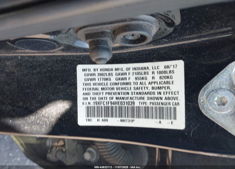 2017 HONDA CIVIC TOURING VIN: 19XFC1F94HE031039