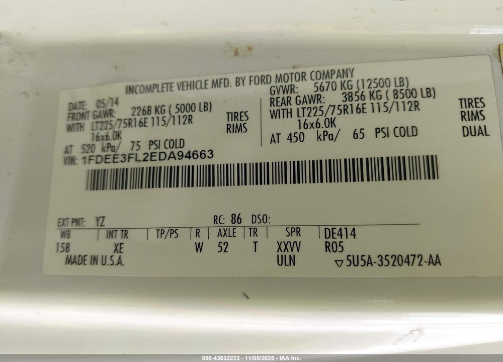 2014 FORD E-350 CUTAWAY VIN: 1FDEE3FL2EDA94663