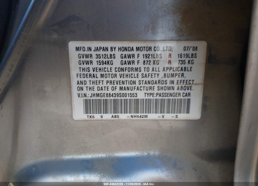 2009 HONDA FIT SPORT VIN: JHMGE88439S001553
