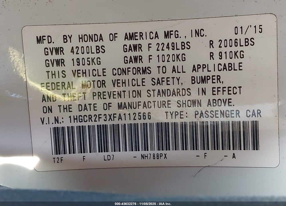 2015 HONDA ACCORD LX VIN: 1HGCR2F3XFA112566