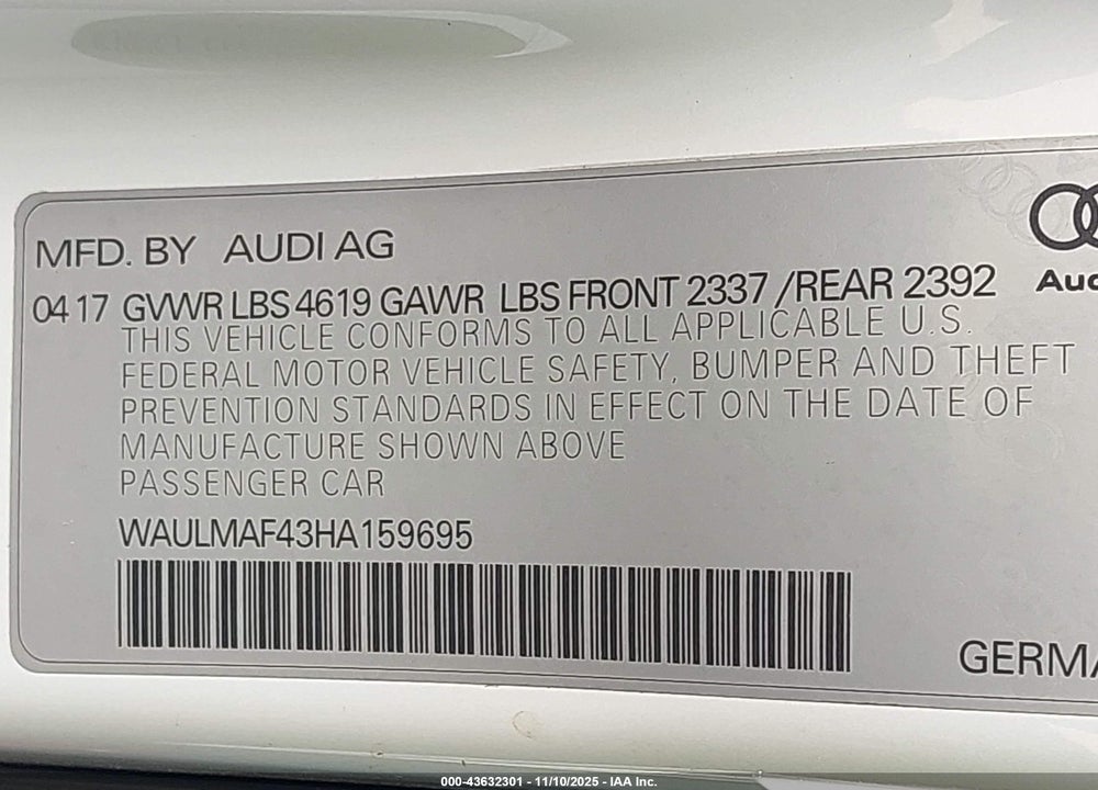 2017 AUDI A4 2.0T ULTRA PREMIUM VIN: WAULMAF43HA159695