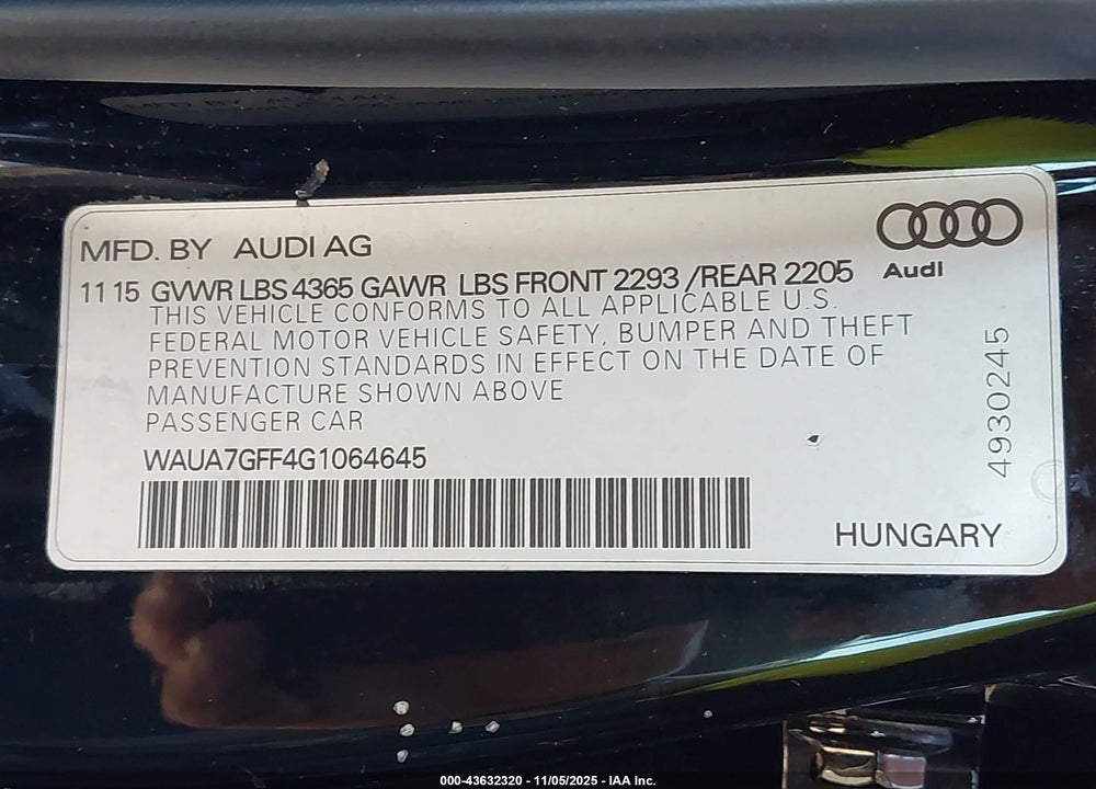 2016 AUDI A3 1.8T PREMIUM VIN: WAUA7GFF4G1064645