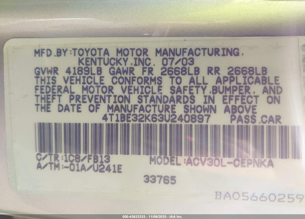 2003 TOYOTA CAMRY LE VIN: 4T1BE32K63U240897