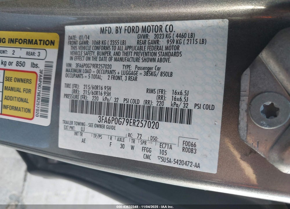 2014 FORD FUSION VIN: 3FA6P0G79ER257020