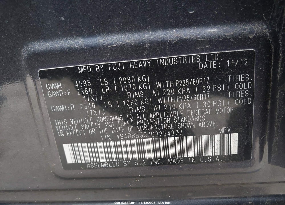 2013 SUBARU OUTBACK 2.5I PREMIUM VIN: 4S4BRBGC7D3254377