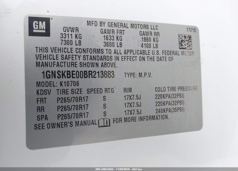 2011 CHEVROLET TAHOE LT VIN: 1GNSKBE00BR213883
