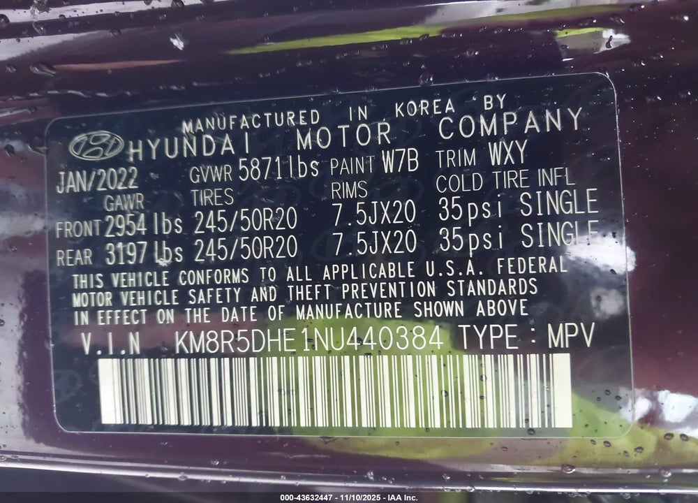 2022 HYUNDAI PALISADE VIN: KM8R5DHE1NU440384