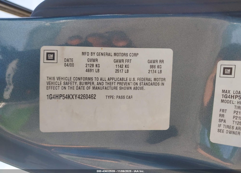 2000 BUICK LESABRE CUSTOM VIN: 1G4HP54KXY4260462
