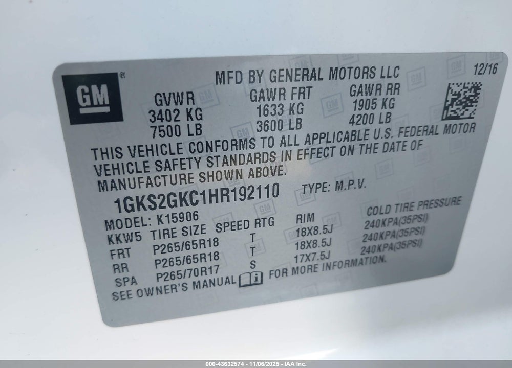 2017 GMC YUKON XL VIN: 1GKS2GKC1HR192110