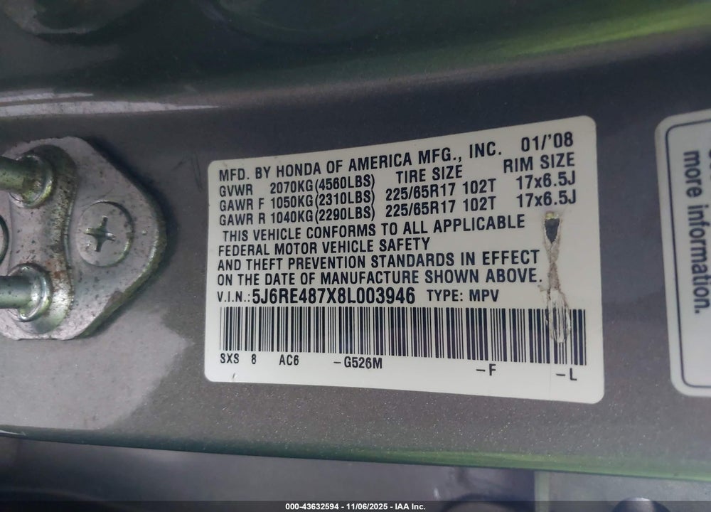 2008 HONDA CR-V EX-L VIN: 5J6RE487X8L003946