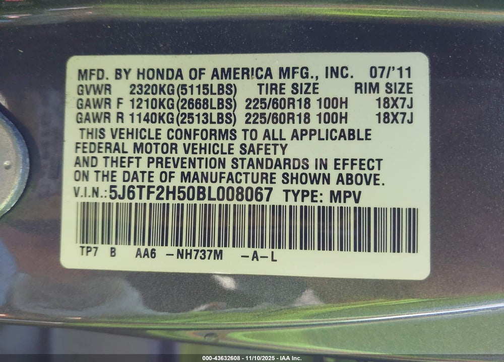 2011 HONDA ACCORD CROSSTOUR VIN: 5J6TF2H50BL008067