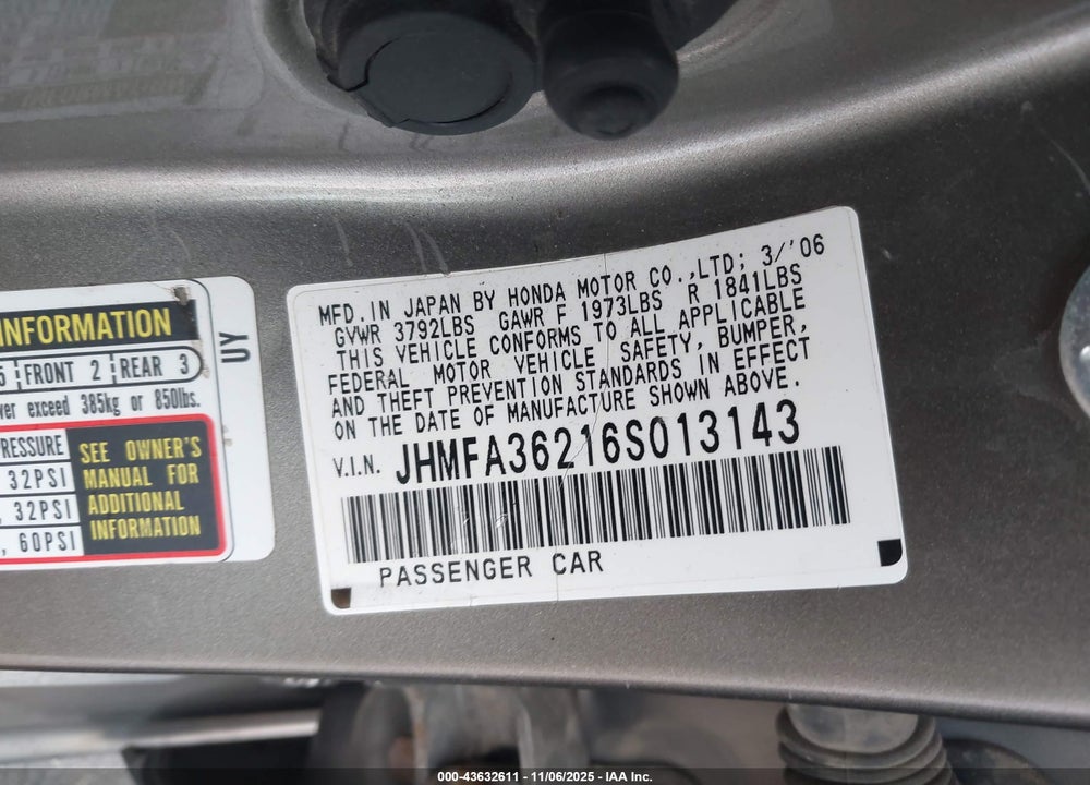 2006 HONDA CIVIC HYBRID VIN: JHMFA36216S013143