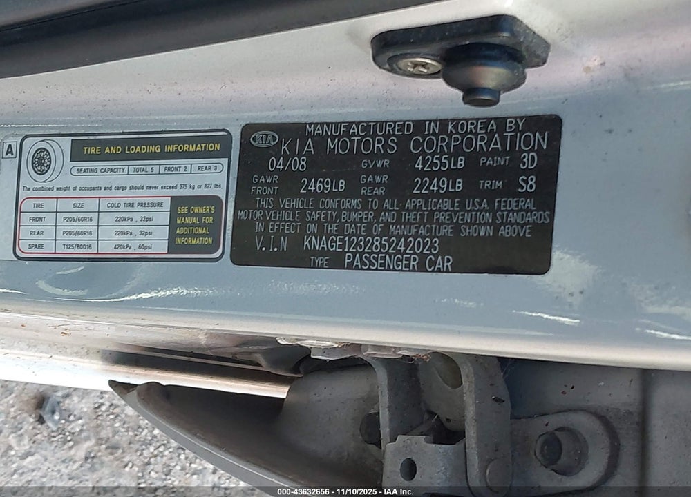 2008 KIA OPTIMA VIN: KNAGE123285242023