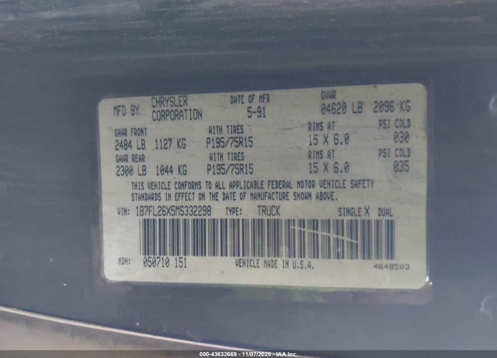 1991 DODGE DAKOTA VIN: 1B7FL26X5MS332298