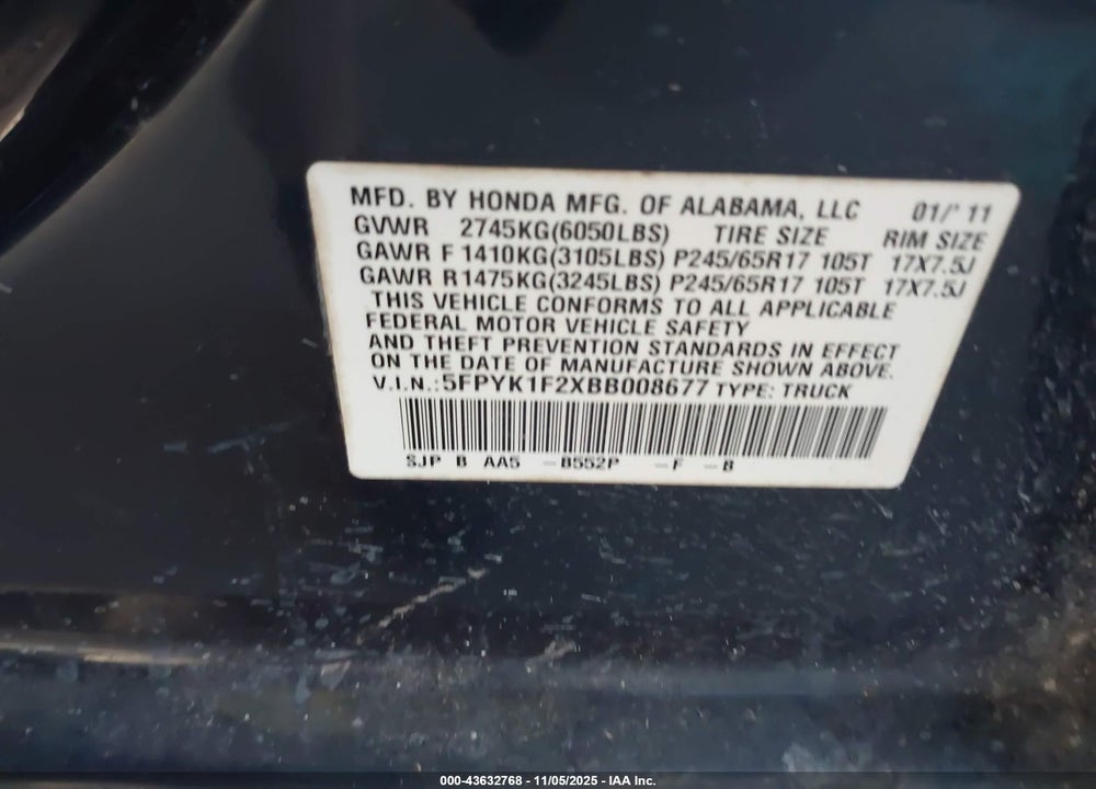 2011 HONDA RIDGELINE RT VIN: 5FPYK1F2XBB008677