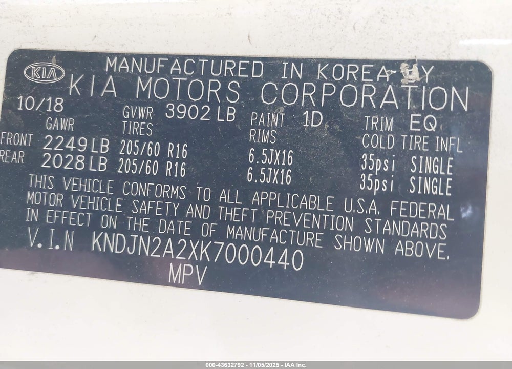 2019 KIA SOUL VIN: KNDJN2A2XK7000440