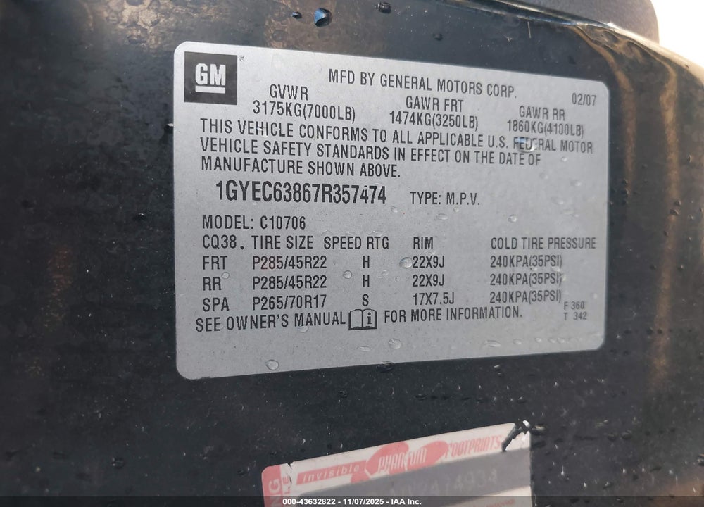 2007 CADILLAC ESCALADE VIN: 1GYEC63867R357474