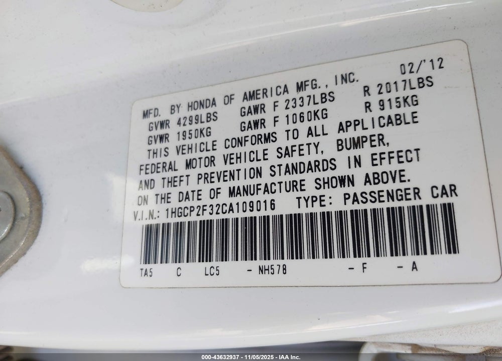 2012 HONDA ACCORD 2.4 LX VIN: 1HGCP2F32CA109016