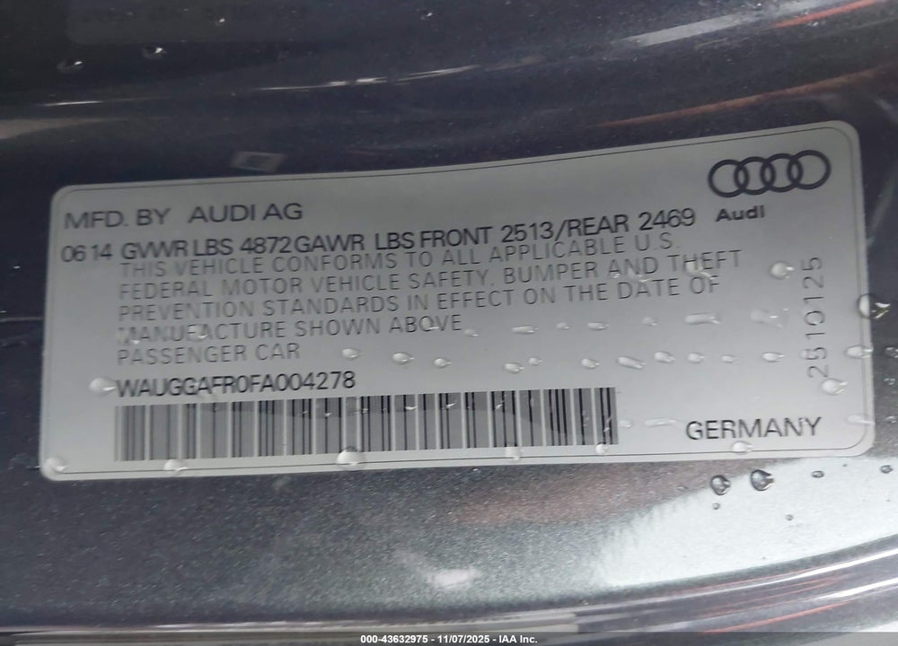 2015 AUDI S5 VIN: WAUGGAFR0FA004278