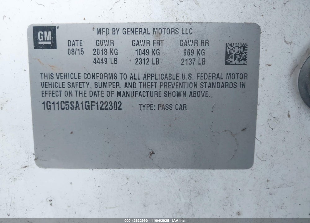 2016 CHEVROLET MALIBU LIMITED LT VIN: 1G11C5SA1GF122302