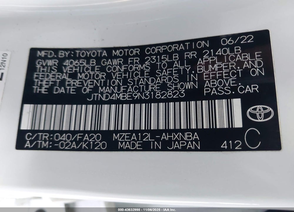 2022 TOYOTA COROLLA SE VIN: JTND4MBE9N3182823