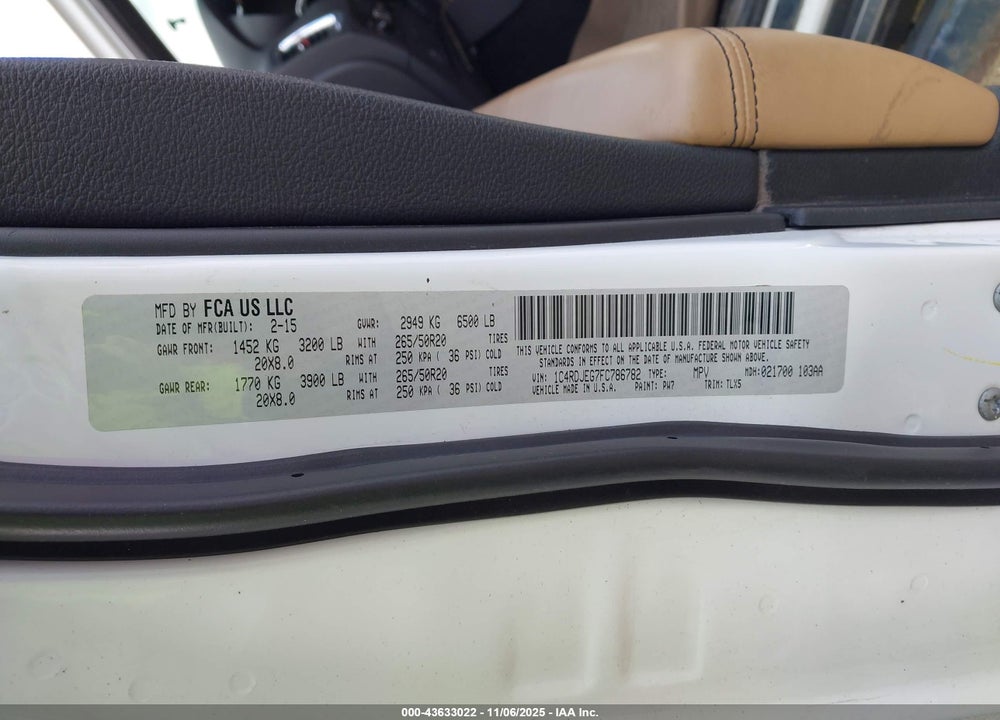 2015 DODGE DURANGO CITADEL VIN: 1C4RDJEG7FC786782